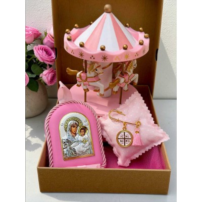 Σετ Δώρου για Παιδί με Καρουζέλ, Ασημένια Εικόνα & Παραμάνα Φυλαχτό