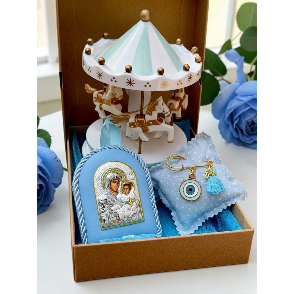 Σετ Δώρου για Παιδί με Καρουζέλ, Ασημένια Εικόνα & Παραμάνα Φυλαχτό