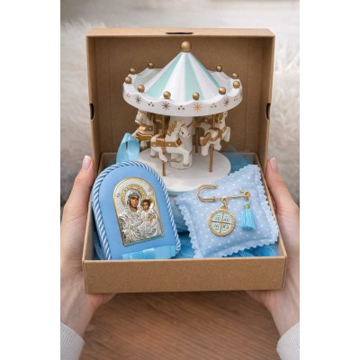 Σετ Δώρου για Παιδί με Καρουζέλ, Ασημένια Εικόνα & Παραμάνα Φυλαχτό