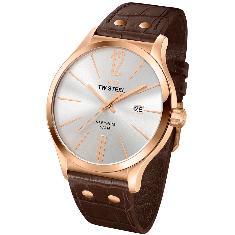 TW STEEL Slim Line Rose Gold Brown Leather Strap TW1304